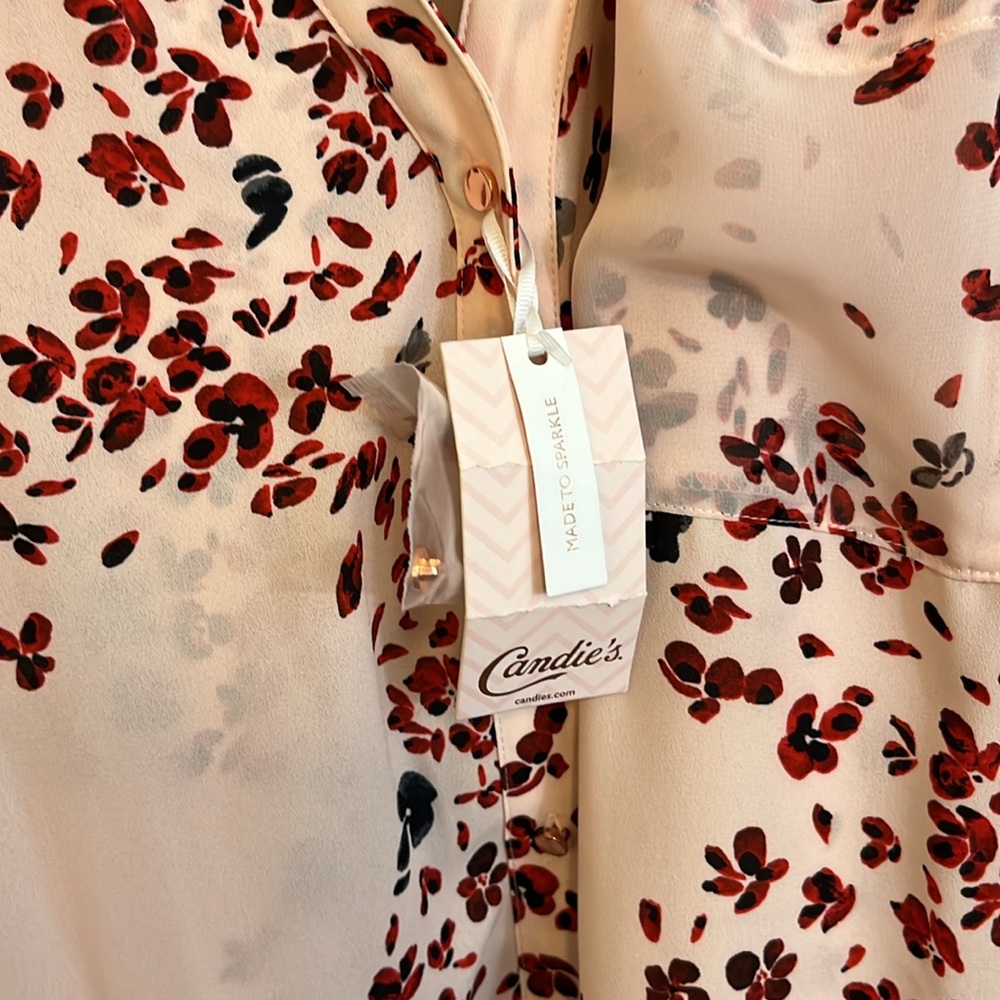 New Candie's Cherry Blossom Sheer Button Down Collared gold button accent NWT - Picture 4 of 8